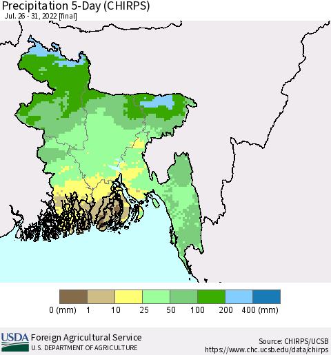 Bangladesh Precipitation 5-Day (CHIRPS) Thematic Map For 7/26/2022 - 7/31/2022