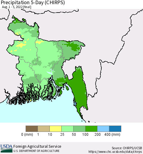 Bangladesh Precipitation 5-Day (CHIRPS) Thematic Map For 8/1/2022 - 8/5/2022