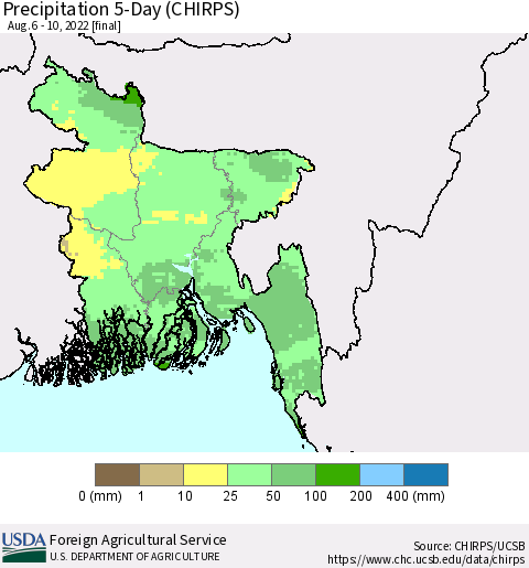 Bangladesh Precipitation 5-Day (CHIRPS) Thematic Map For 8/6/2022 - 8/10/2022