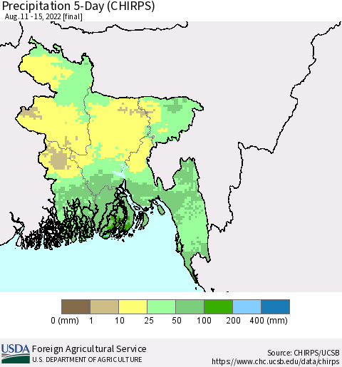 Bangladesh Precipitation 5-Day (CHIRPS) Thematic Map For 8/11/2022 - 8/15/2022