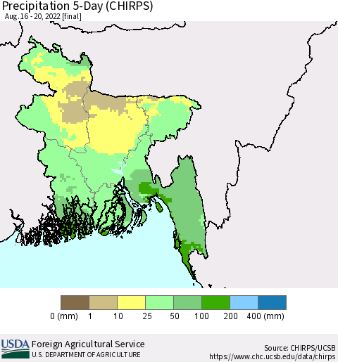Bangladesh Precipitation 5-Day (CHIRPS) Thematic Map For 8/16/2022 - 8/20/2022