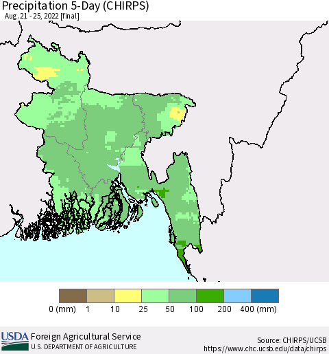 Bangladesh Precipitation 5-Day (CHIRPS) Thematic Map For 8/21/2022 - 8/25/2022
