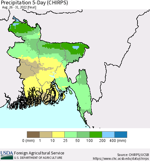 Bangladesh Precipitation 5-Day (CHIRPS) Thematic Map For 8/26/2022 - 8/31/2022