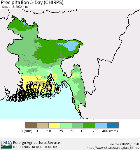 Bangladesh Precipitation 5-Day (CHIRPS) Thematic Map For 9/1/2022 - 9/5/2022