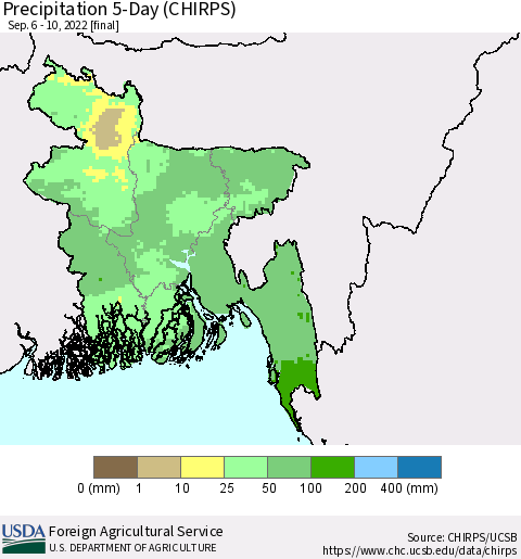 Bangladesh Precipitation 5-Day (CHIRPS) Thematic Map For 9/6/2022 - 9/10/2022