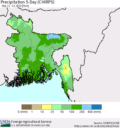 Bangladesh Precipitation 5-Day (CHIRPS) Thematic Map For 9/11/2022 - 9/15/2022