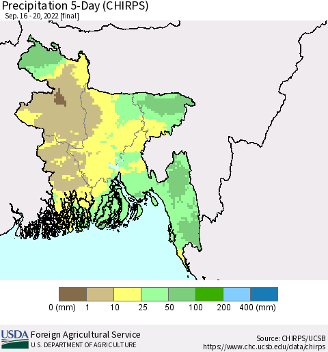 Bangladesh Precipitation 5-Day (CHIRPS) Thematic Map For 9/16/2022 - 9/20/2022