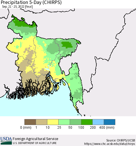 Bangladesh Precipitation 5-Day (CHIRPS) Thematic Map For 9/21/2022 - 9/25/2022
