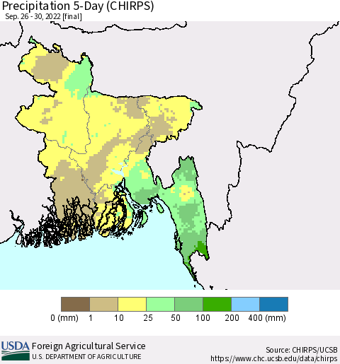 Bangladesh Precipitation 5-Day (CHIRPS) Thematic Map For 9/26/2022 - 9/30/2022