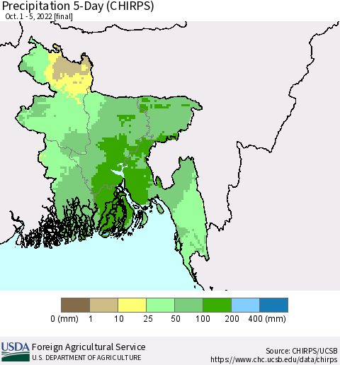 Bangladesh Precipitation 5-Day (CHIRPS) Thematic Map For 10/1/2022 - 10/5/2022