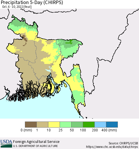 Bangladesh Precipitation 5-Day (CHIRPS) Thematic Map For 10/6/2022 - 10/10/2022