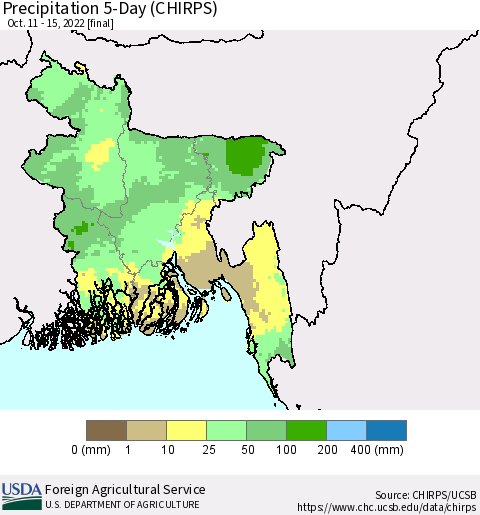 Bangladesh Precipitation 5-Day (CHIRPS) Thematic Map For 10/11/2022 - 10/15/2022