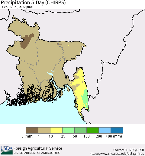 Bangladesh Precipitation 5-Day (CHIRPS) Thematic Map For 10/16/2022 - 10/20/2022