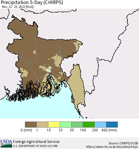 Bangladesh Precipitation 5-Day (CHIRPS) Thematic Map For 11/21/2022 - 11/25/2022