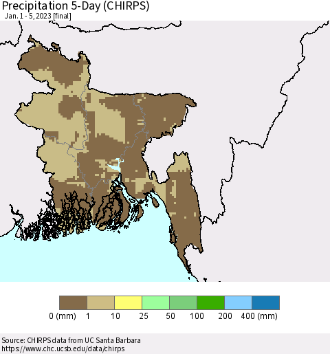 Bangladesh Precipitation 5-Day (CHIRPS) Thematic Map For 1/1/2023 - 1/5/2023