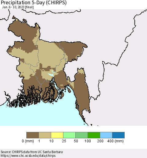 Bangladesh Precipitation 5-Day (CHIRPS) Thematic Map For 1/6/2023 - 1/10/2023