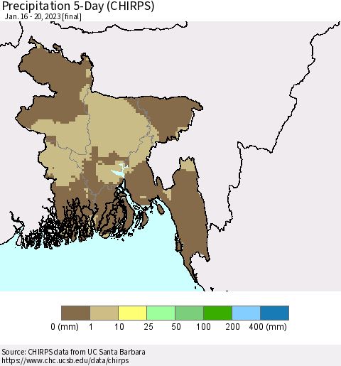 Bangladesh Precipitation 5-Day (CHIRPS) Thematic Map For 1/16/2023 - 1/20/2023