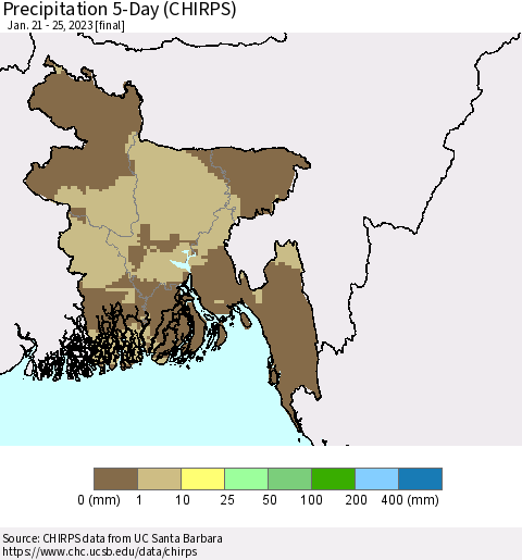 Bangladesh Precipitation 5-Day (CHIRPS) Thematic Map For 1/21/2023 - 1/25/2023