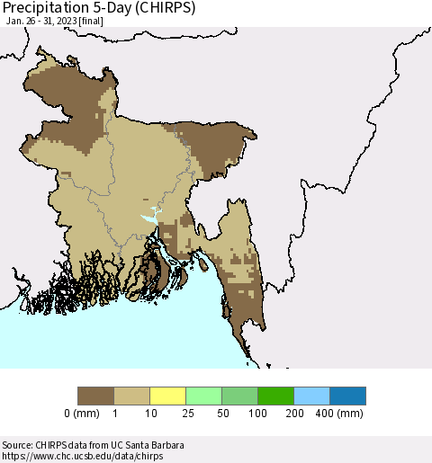 Bangladesh Precipitation 5-Day (CHIRPS) Thematic Map For 1/26/2023 - 1/31/2023