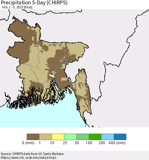 Bangladesh Precipitation 5-Day (CHIRPS) Thematic Map For 2/1/2023 - 2/5/2023