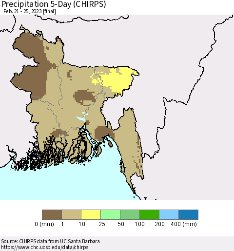 Bangladesh Precipitation 5-Day (CHIRPS) Thematic Map For 2/21/2023 - 2/25/2023