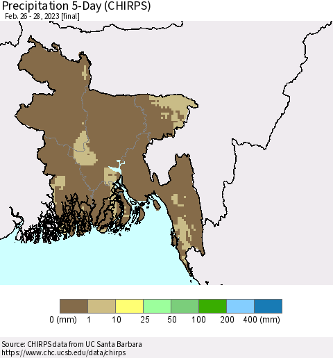 Bangladesh Precipitation 5-Day (CHIRPS) Thematic Map For 2/26/2023 - 2/28/2023