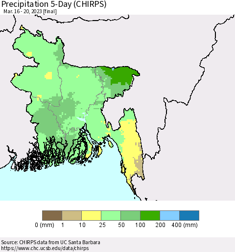 Bangladesh Precipitation 5-Day (CHIRPS) Thematic Map For 3/16/2023 - 3/20/2023