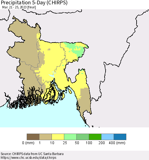 Bangladesh Precipitation 5-Day (CHIRPS) Thematic Map For 3/21/2023 - 3/25/2023
