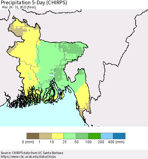 Bangladesh Precipitation 5-Day (CHIRPS) Thematic Map For 3/26/2023 - 3/31/2023