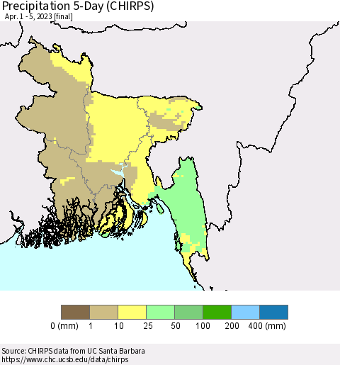 Bangladesh Precipitation 5-Day (CHIRPS) Thematic Map For 4/1/2023 - 4/5/2023