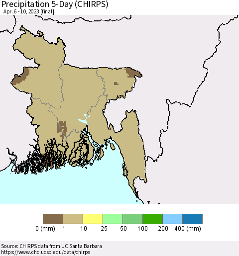 Bangladesh Precipitation 5-Day (CHIRPS) Thematic Map For 4/6/2023 - 4/10/2023