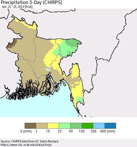 Bangladesh Precipitation 5-Day (CHIRPS) Thematic Map For 4/21/2023 - 4/25/2023