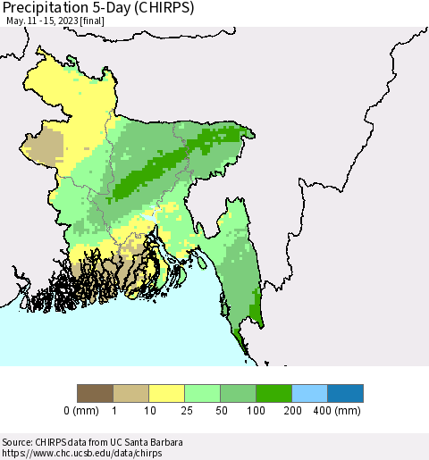 Bangladesh Precipitation 5-Day (CHIRPS) Thematic Map For 5/11/2023 - 5/15/2023