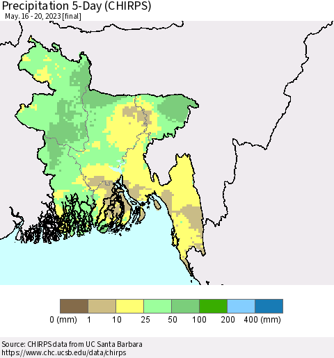 Bangladesh Precipitation 5-Day (CHIRPS) Thematic Map For 5/16/2023 - 5/20/2023