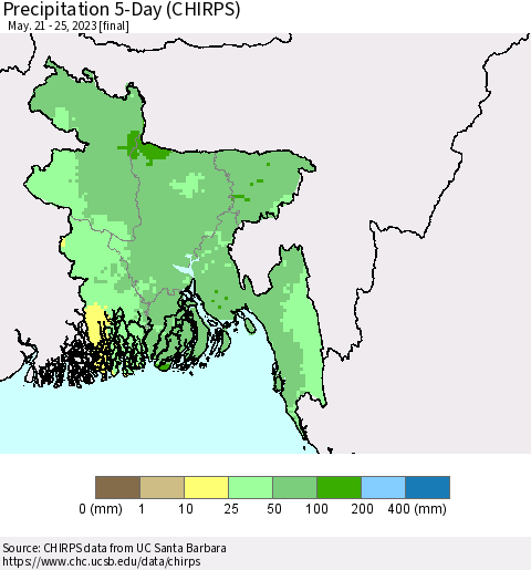 Bangladesh Precipitation 5-Day (CHIRPS) Thematic Map For 5/21/2023 - 5/25/2023