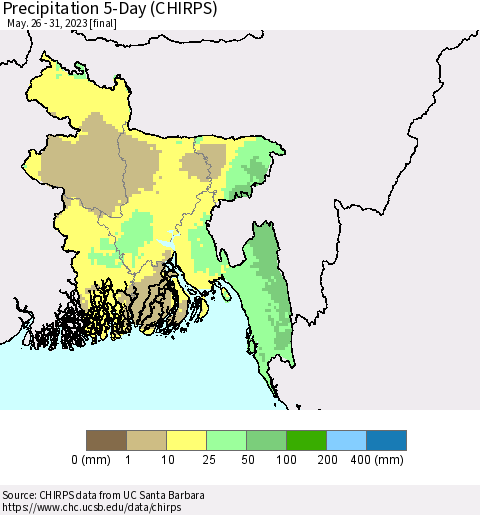 Bangladesh Precipitation 5-Day (CHIRPS) Thematic Map For 5/26/2023 - 5/31/2023