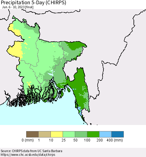 Bangladesh Precipitation 5-Day (CHIRPS) Thematic Map For 6/6/2023 - 6/10/2023