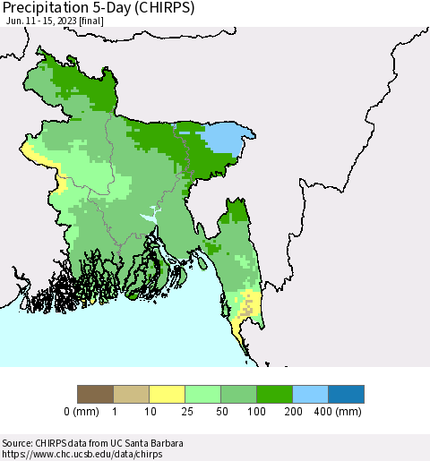 Bangladesh Precipitation 5-Day (CHIRPS) Thematic Map For 6/11/2023 - 6/15/2023