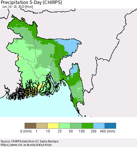 Bangladesh Precipitation 5-Day (CHIRPS) Thematic Map For 6/16/2023 - 6/20/2023