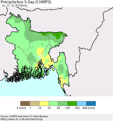 Bangladesh Precipitation 5-Day (CHIRPS) Thematic Map For 6/21/2023 - 6/25/2023