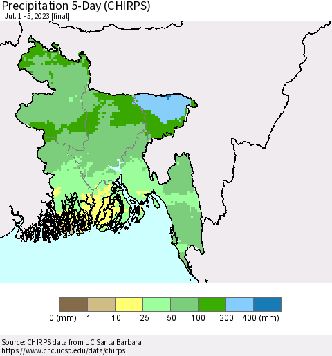 Bangladesh Precipitation 5-Day (CHIRPS) Thematic Map For 7/1/2023 - 7/5/2023