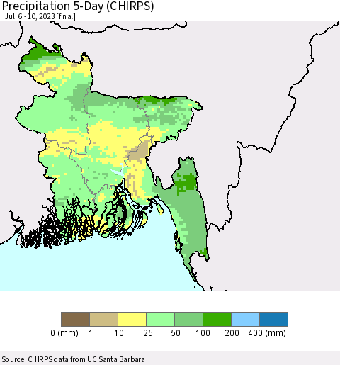 Bangladesh Precipitation 5-Day (CHIRPS) Thematic Map For 7/6/2023 - 7/10/2023