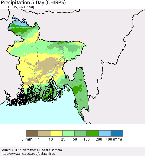 Bangladesh Precipitation 5-Day (CHIRPS) Thematic Map For 7/11/2023 - 7/15/2023