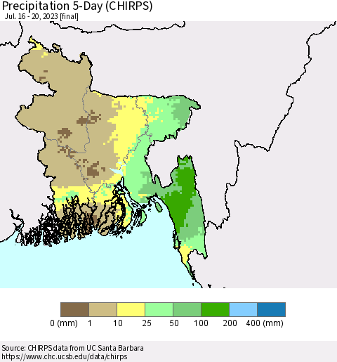 Bangladesh Precipitation 5-Day (CHIRPS) Thematic Map For 7/16/2023 - 7/20/2023