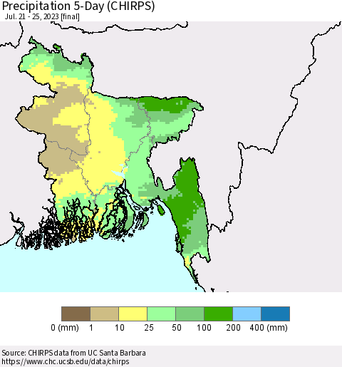 Bangladesh Precipitation 5-Day (CHIRPS) Thematic Map For 7/21/2023 - 7/25/2023