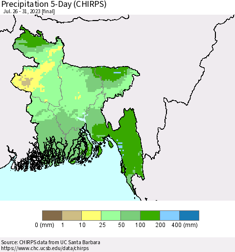 Bangladesh Precipitation 5-Day (CHIRPS) Thematic Map For 7/26/2023 - 7/31/2023
