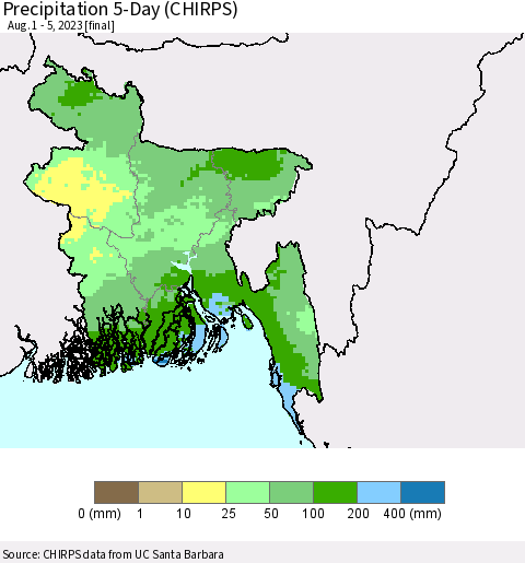 Bangladesh Precipitation 5-Day (CHIRPS) Thematic Map For 8/1/2023 - 8/5/2023