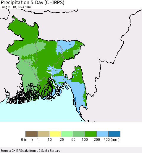 Bangladesh Precipitation 5-Day (CHIRPS) Thematic Map For 8/6/2023 - 8/10/2023