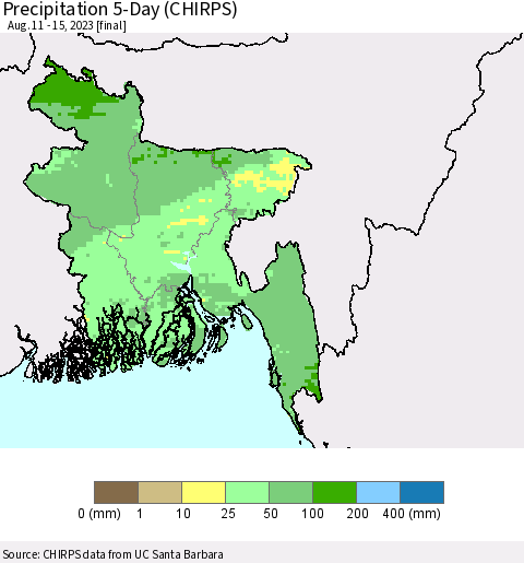 Bangladesh Precipitation 5-Day (CHIRPS) Thematic Map For 8/11/2023 - 8/15/2023
