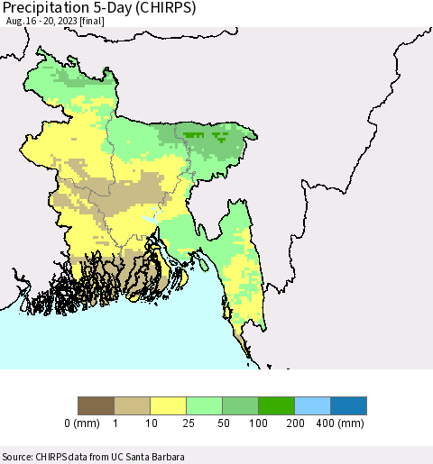 Bangladesh Precipitation 5-Day (CHIRPS) Thematic Map For 8/16/2023 - 8/20/2023